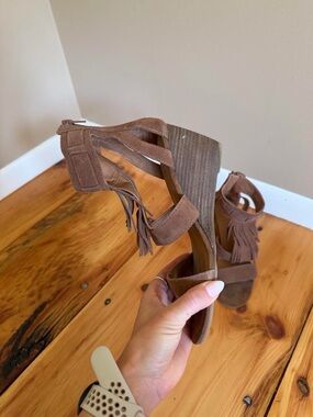 Yellow Box Brown Suede Fringe Wedge Sandals